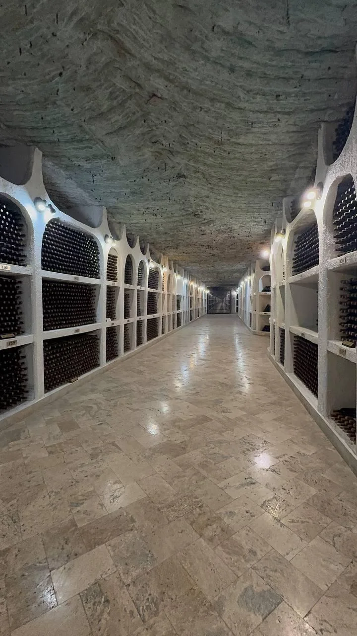 Underground wine cellar with limestone walls, white arches storing wine bottles in organized rows